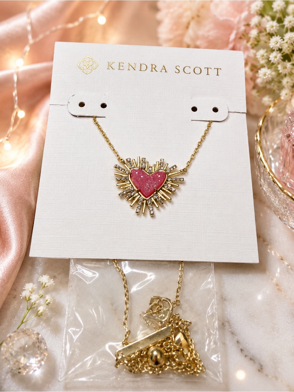 Kendra Scott Gold Necklace with Pink Heart Sunburst Pendant